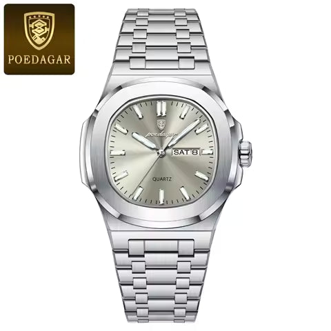 POEDAGAR Montre militaire de luxe Carré Étanche Lumineuse Date Semaine Montre Homme Montres en Quartz en Acier inoxydable Montres Reloj + Boîte