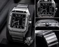 Montre carrée en acier argenté avec cadran noir et chiffres romains
