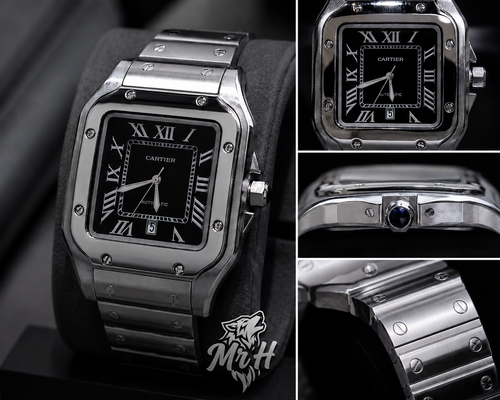 Montre carrée en acier argenté avec cadran noir et chiffres romains