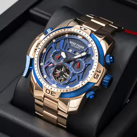 Reef Tiger/RT Sport Watch Cadran compliqué avec annuité, mois calendrier perpétuel bracelet en or rose RGA3532