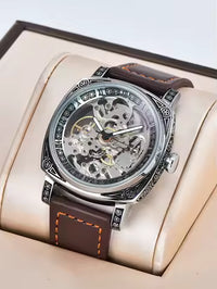 Montre automatique pour hommes, montres mécaniques rétro, sculpture squelettique, cuir imperméable, sans logo, montre pour hommes, cadeau du petit ami