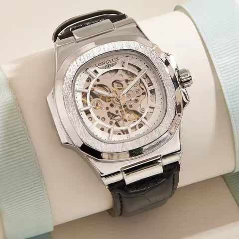 Montres automatiques pour hommes imperméables en extérieur, montres mécaniques de luxe simples, montres en gros en cuir squelette de loisir, cadeau de montres pour hommes,