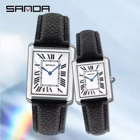 SANDA 9031/1108 Sangle en cuir résistant à cadran carré Étanche sport sport décontracté pour femmes montres hommes montres en quartz montre de luxe pour couple